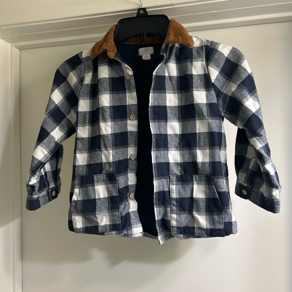 Mud Pie Blue and White Jean Jacket with Plaid Pattern and Corduroy Collar
